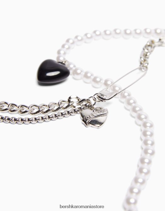 Bershka bărbați pachet 2 coliere cu inimă de perle artificiale argint Z86D3679 accesorii