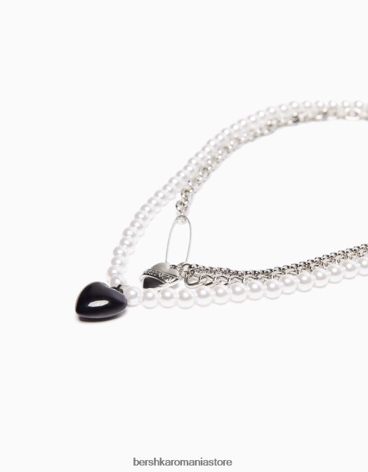 Bershka bărbați pachet 2 coliere cu inimă de perle artificiale argint Z86D3679 accesorii
