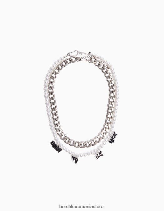 Bershka bărbați pachet de 2 coliere de mărgele de perle artificiale și slogan argint Z86D3665 accesorii