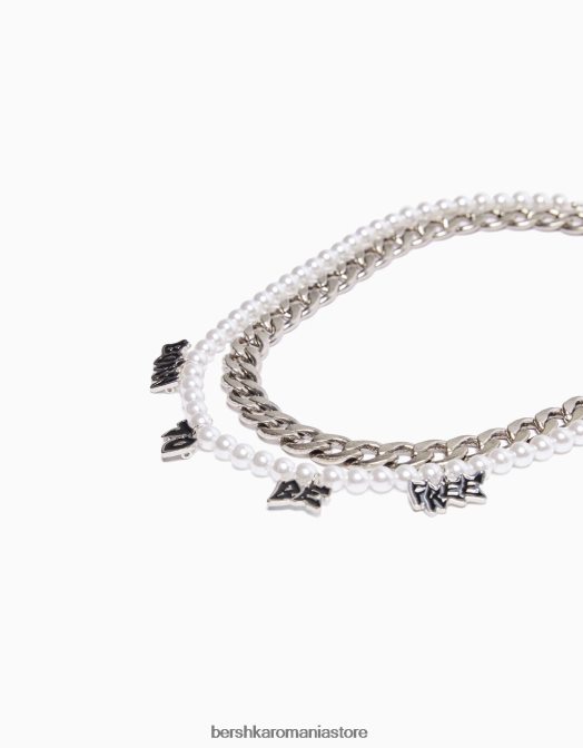 Bershka bărbați pachet de 2 coliere de mărgele de perle artificiale și slogan argint Z86D3665 accesorii