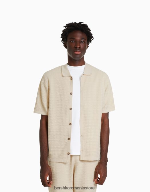 Bershka bărbați Set cămașă din tricot texturat și bermudă cremă Z86D3440 îmbrăcăminte