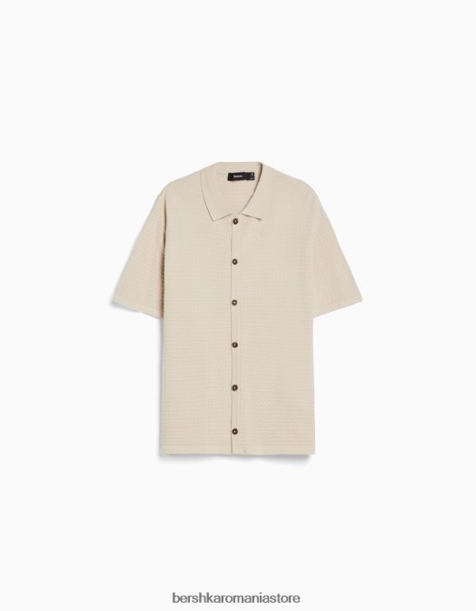 Bershka bărbați Set cămașă din tricot texturat și bermudă cremă Z86D3440 îmbrăcăminte