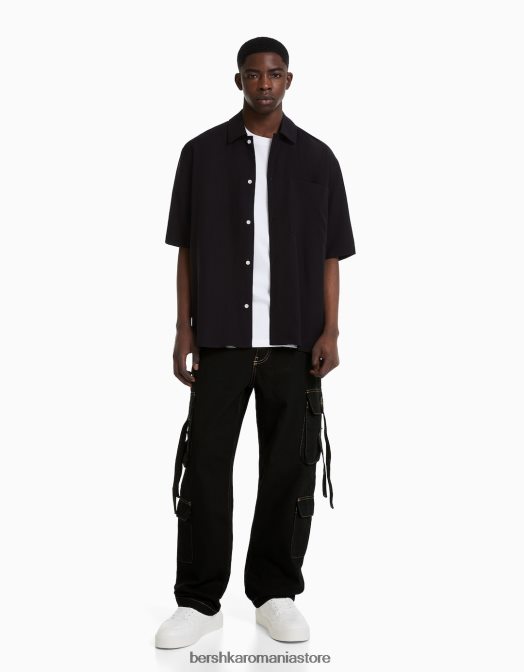 Bershka bărbați blugi cargo cu fir și bretele contrastante negru Z86D3148 îmbrăcăminte