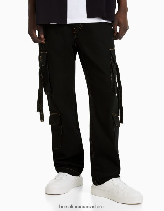 Bershka bărbați blugi cargo cu fir și bretele contrastante negru Z86D3148 îmbrăcăminte