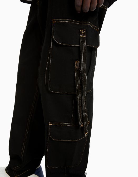 Bershka bărbați blugi cargo cu fir și bretele contrastante negru Z86D3148 îmbrăcăminte