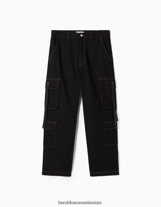 Bershka bărbați blugi cargo cu fir și bretele contrastante negru Z86D3148 îmbrăcăminte