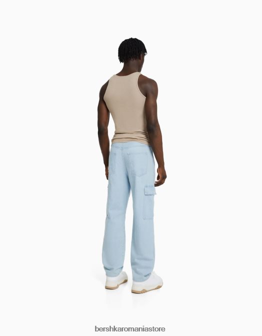 Bershka bărbați blugi cargo cu picioare largi albastru deschis Z86D3123 îmbrăcăminte