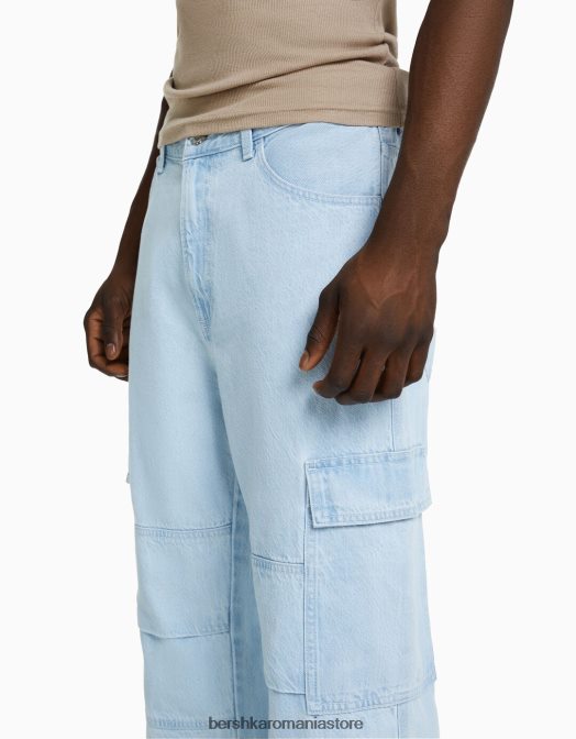Bershka bărbați blugi cargo cu picioare largi albastru deschis Z86D3123 îmbrăcăminte