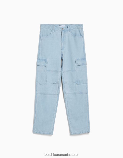 Bershka bărbați blugi cargo cu picioare largi albastru deschis Z86D3123 îmbrăcăminte