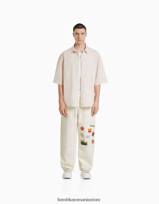 Bershka bărbați blugi dulgher cu petice cremă Z86D3155 îmbrăcăminte