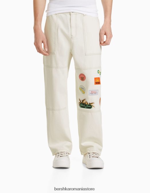 Bershka bărbați blugi dulgher cu petice cremă Z86D3155 îmbrăcăminte