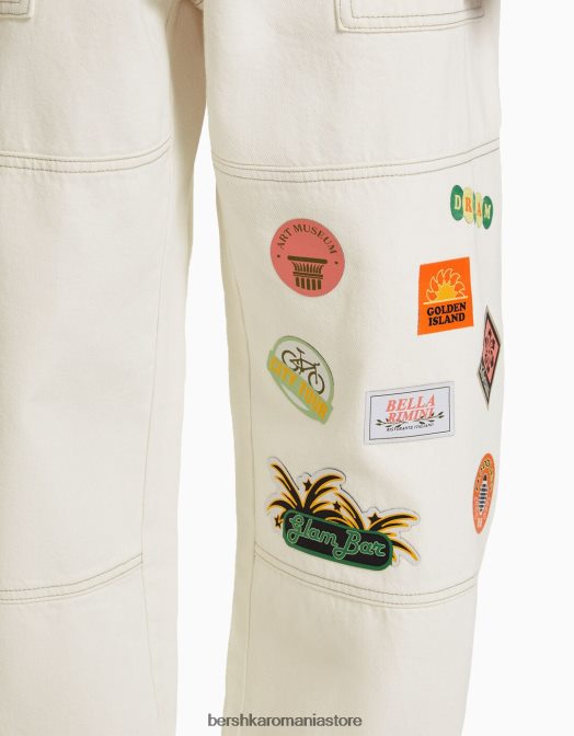 Bershka bărbați blugi dulgher cu petice cremă Z86D3155 îmbrăcăminte