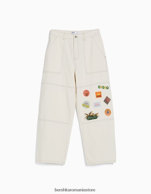 Bershka bărbați blugi dulgher cu petice cremă Z86D3155 îmbrăcăminte