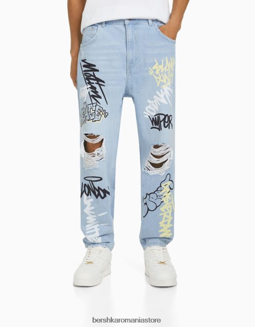 Bershka bărbați blugi largi cu imprimeu albastru deschis Z86D3146 îmbrăcăminte