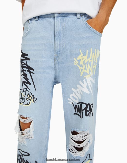 Bershka bărbați blugi largi cu imprimeu albastru deschis Z86D3146 îmbrăcăminte