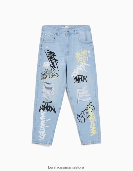 Bershka bărbați blugi largi cu imprimeu albastru deschis Z86D3146 îmbrăcăminte