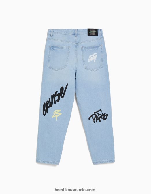 Bershka bărbați blugi largi cu imprimeu albastru deschis Z86D3146 îmbrăcăminte