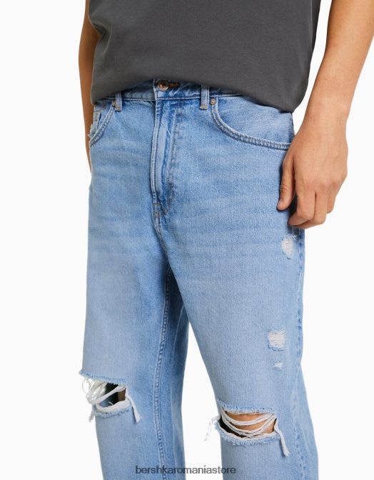 Bershka bărbați blugi largi cu rupturi albastru deschis Z86D3207 îmbrăcăminte