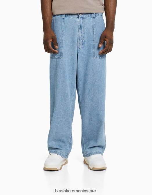 Bershka bărbați blugi largi de dulgher albastru deschis Z86D3180 îmbrăcăminte