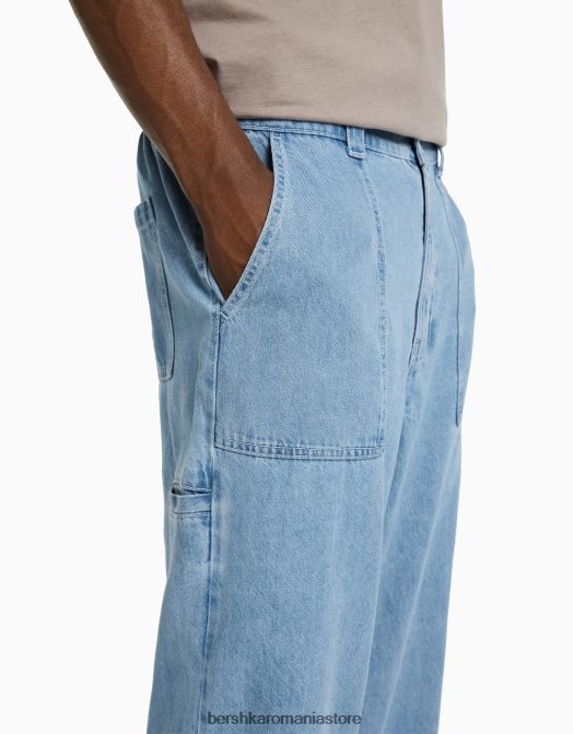 Bershka bărbați blugi largi de dulgher albastru deschis Z86D3180 îmbrăcăminte