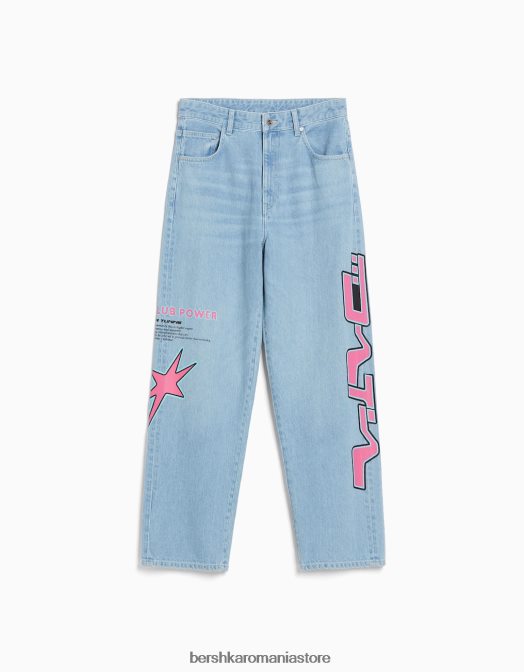 Bershka bărbați blugi largi imprimați albastru deschis Z86D3144 îmbrăcăminte