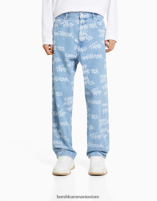 Bershka bărbați blugi largi imprimați albastru deschis Z86D3200 îmbrăcăminte