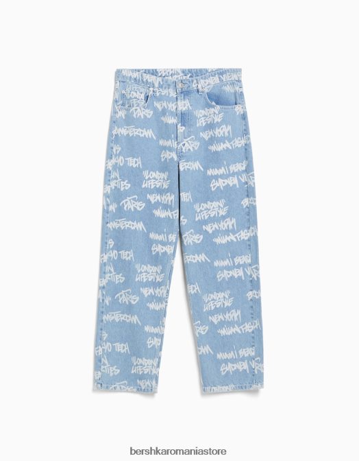 Bershka bărbați blugi largi imprimați albastru deschis Z86D3200 îmbrăcăminte