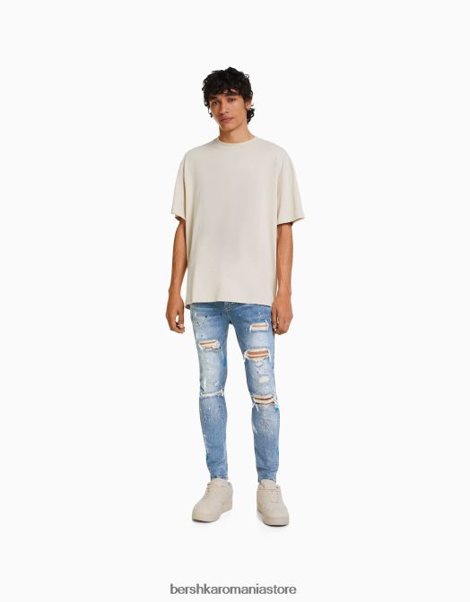 Bershka bărbați blugi skinny rupti stropi de vopsea albastru Z86D3172 îmbrăcăminte