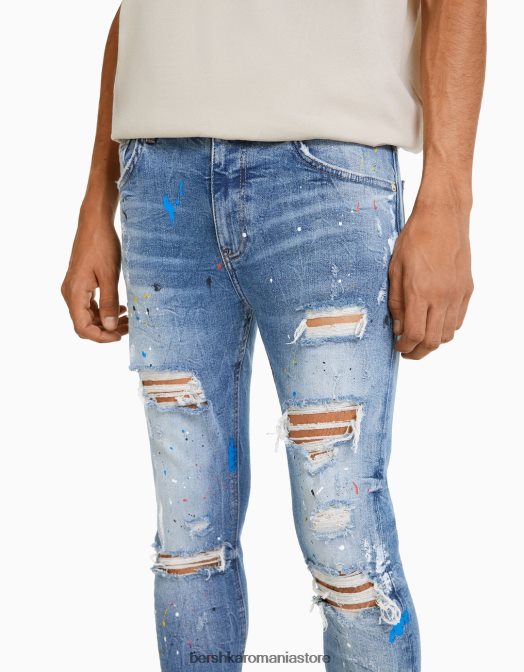 Bershka bărbați blugi skinny rupti stropi de vopsea albastru Z86D3172 îmbrăcăminte