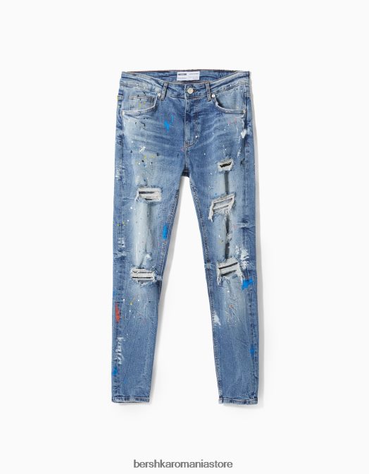 Bershka bărbați blugi skinny rupti stropi de vopsea albastru Z86D3172 îmbrăcăminte