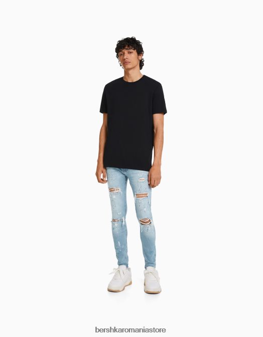 Bershka bărbați blugi skinny rupti stropi de vopsea albastru deschis Z86D3170 îmbrăcăminte