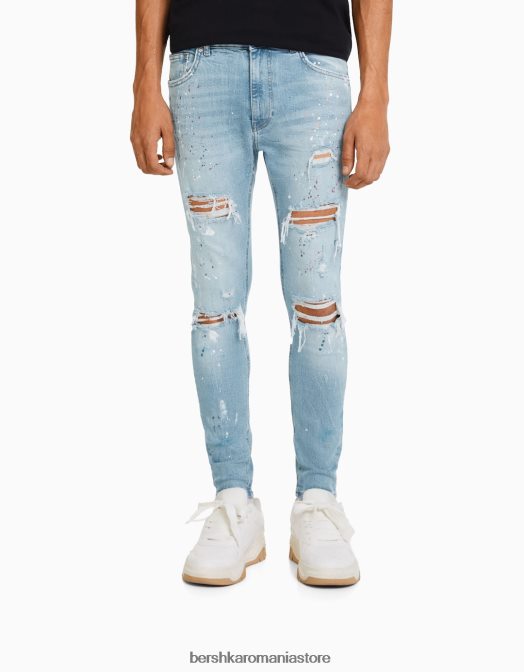 Bershka bărbați blugi skinny rupti stropi de vopsea albastru deschis Z86D3170 îmbrăcăminte