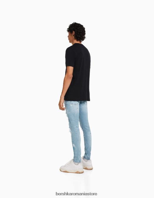 Bershka bărbați blugi skinny rupti stropi de vopsea albastru deschis Z86D3170 îmbrăcăminte