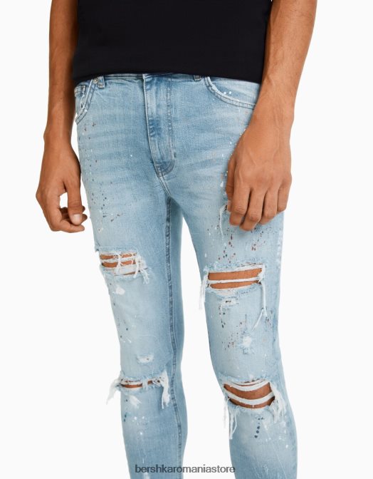 Bershka bărbați blugi skinny rupti stropi de vopsea albastru deschis Z86D3170 îmbrăcăminte