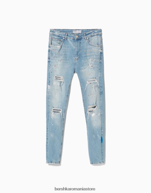 Bershka bărbați blugi skinny rupti stropi de vopsea albastru deschis Z86D3170 îmbrăcăminte