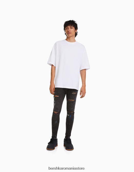 Bershka bărbați blugi skinny rupti stropi de vopsea negru Z86D3171 îmbrăcăminte