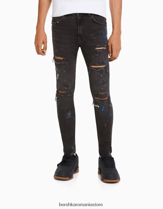 Bershka bărbați blugi skinny rupti stropi de vopsea negru Z86D3171 îmbrăcăminte