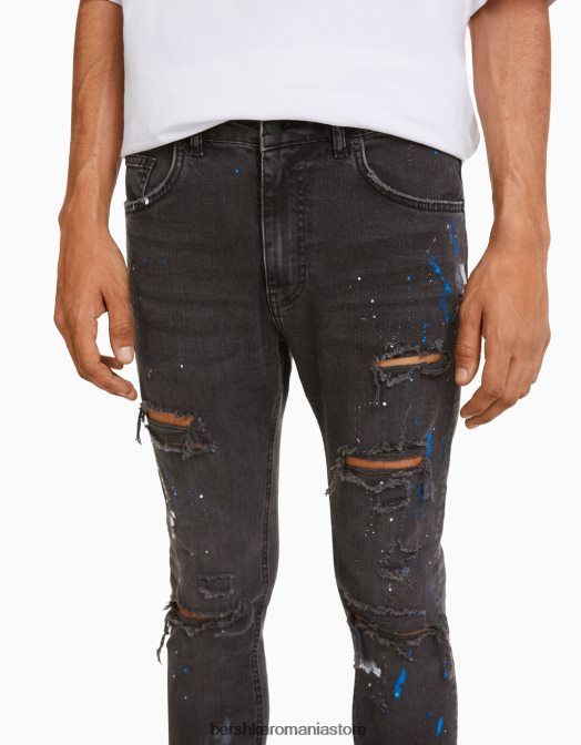 Bershka bărbați blugi skinny rupti stropi de vopsea negru Z86D3171 îmbrăcăminte
