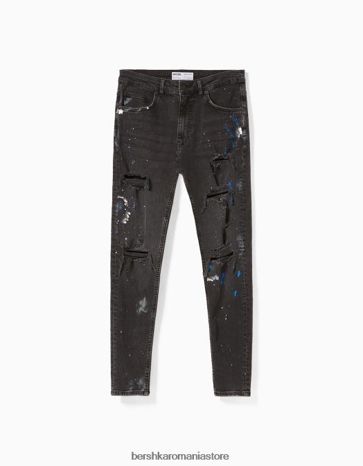 Bershka bărbați blugi skinny rupti stropi de vopsea negru Z86D3171 îmbrăcăminte