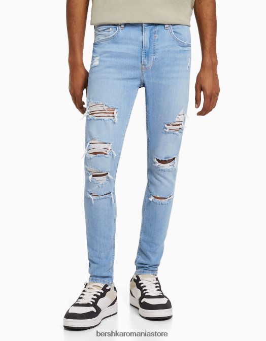Bershka bărbați blugi super skinny rupti albastru deschis Z86D3191 îmbrăcăminte