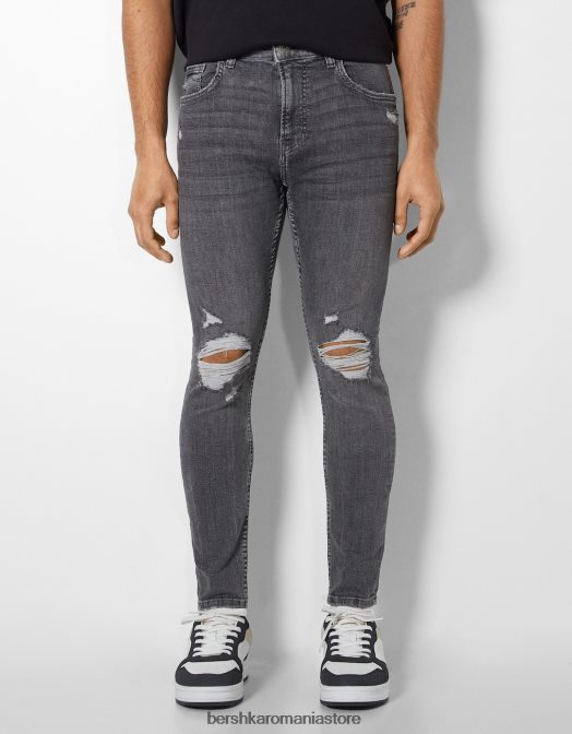 Bershka bărbați blugi super skinny rupti gri inchis Z86D3169 îmbrăcăminte