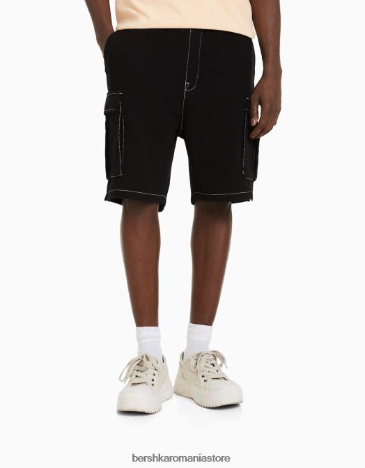 Bershka bărbați bermudă cargo twill cu fir de contrast negru Z86D3291 îmbrăcăminte