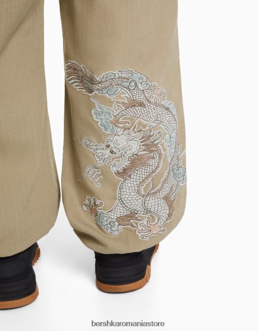 Bershka bărbați pantaloni de jogging din bumbac brodati cămilă Z86D3293 îmbrăcăminte