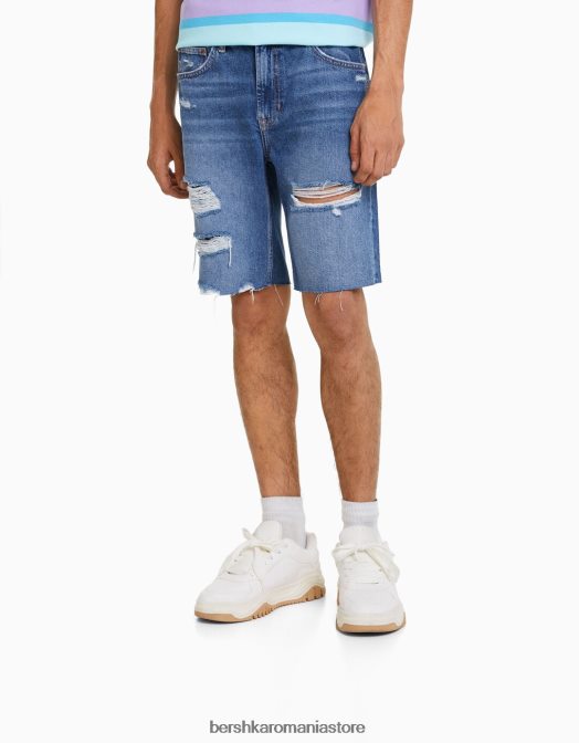 Bershka bărbați bermudă slim fit din denim rupt albastru Z86D3302 îmbrăcăminte