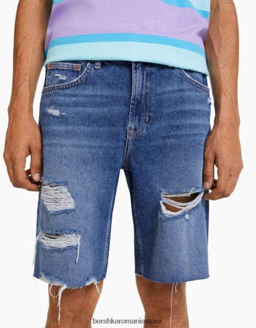 Bershka bărbați bermudă slim fit din denim rupt albastru Z86D3302 îmbrăcăminte