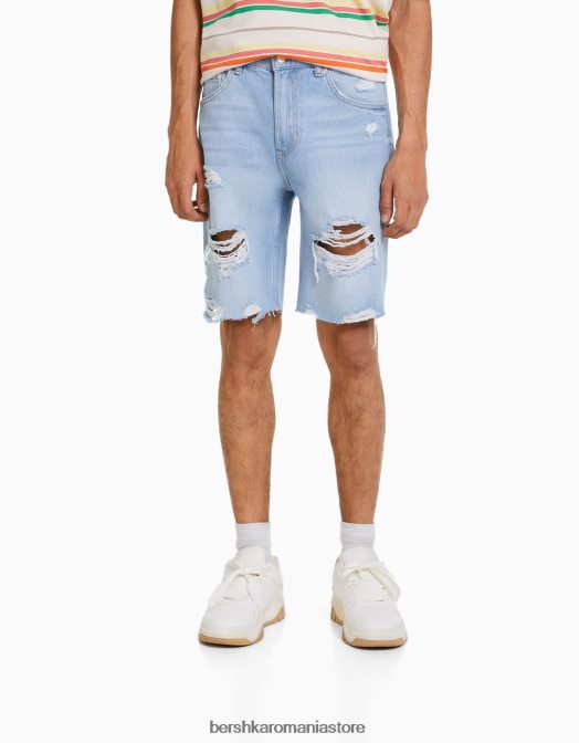 Bershka bărbați bermudă slim fit din denim rupt albastru deschis Z86D3301 îmbrăcăminte