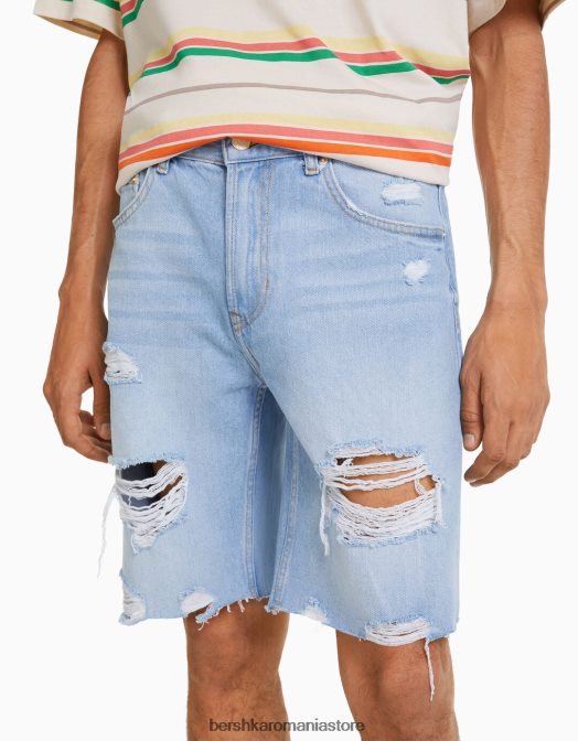 Bershka bărbați bermudă slim fit din denim rupt albastru deschis Z86D3301 îmbrăcăminte