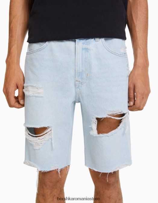 Bershka bărbați bermudă slim fit din denim rupt albastru deschis Z86D3304 îmbrăcăminte