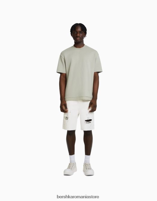 Bershka bărbați bermude din denim rupte cu stropi de vopsea alb Z86D3333 îmbrăcăminte