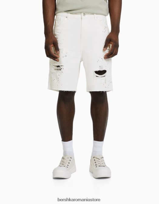 Bershka bărbați bermude din denim rupte cu stropi de vopsea alb Z86D3333 îmbrăcăminte